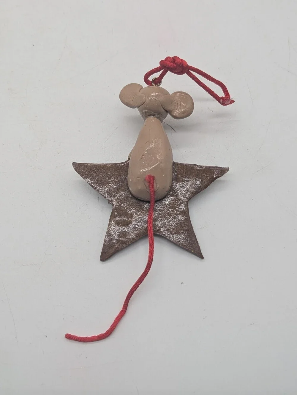VTG Handmade Polymer Clay Mouse on Gingerbread Star Christmas Ornament